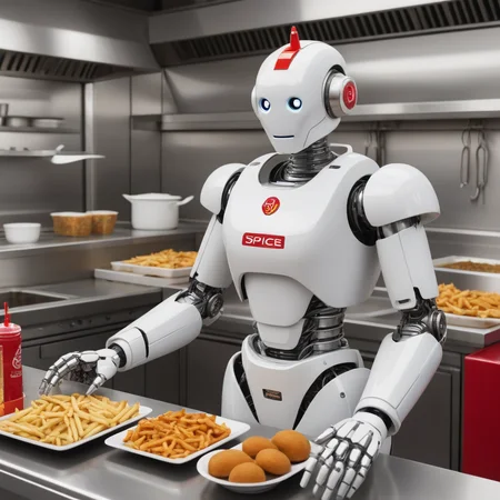 a professional picture of a futuristic white metal robot named "Spice" working as a cook at a fast food restaurant