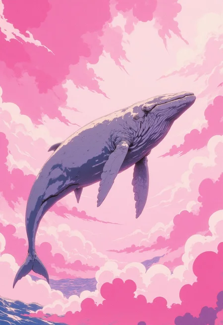 cinematic film still award winning photo .A ivory white whale swimming in a sky full of soft pink clouds,shallow depth of field, vignette, highly detailed, high budget, bokeh, cinemascope, moody, epic, gorgeous, film grain, grainy,anime, cyberpunk, Comic book style