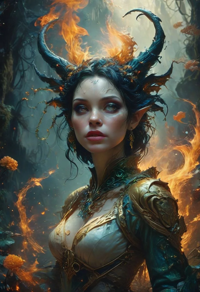 A Voluptuous Fire fairy,  hyperdetailed, meticulous masterpiece, volumetric, 
BREAK
In the style of Pan s Labyrinth, Snow White and the Huntsman, Maleficent, Hellboy, The Spiderwick Chronicles, with Avatar's Pandora Biome