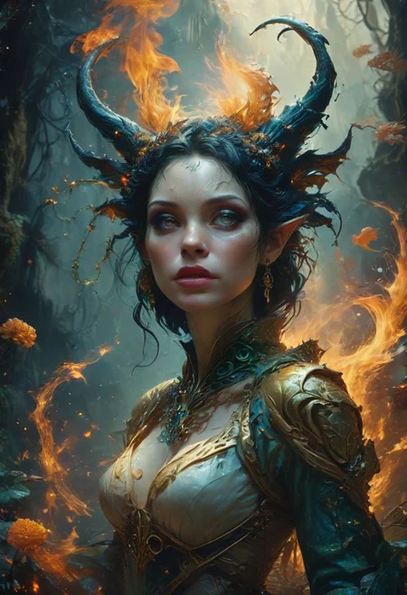 A Voluptuous Fire fairy,  hyperdetailed, meticulous masterpiece, volumetric, 
BREAK
In the style of Pan s Labyrinth, Snow White and the Huntsman, Maleficent, Hellboy, The Spiderwick Chronicles, with Avatar's Pandora Biome