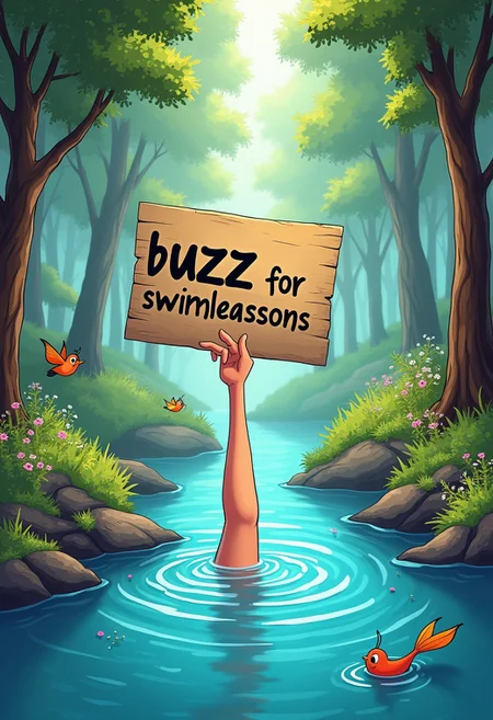 zPDXL3 Comicstyle A hand reaching out of a river, holding a sign that says "Buzz for swimleassons". Along the river grows a light and friendly forrest With a few flowers between the threes and the bushes. There a little birds and butterflies. The Overall Setting is disneylike