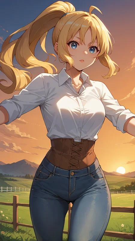 score_9,score_8_up,score_7_up,score_6_up, <lora:xl_more_art-full_v1:0.5>, source_anime, girl, dynamic pose, arm at her side, <lora:Rina Rupaage - Pony-000004:0.8>, long hair, blonde hair, ponytail, ahoge, blue eyes, white shirt, collared shirt, brown corset, jeans, open field, sunset, wooden fence,