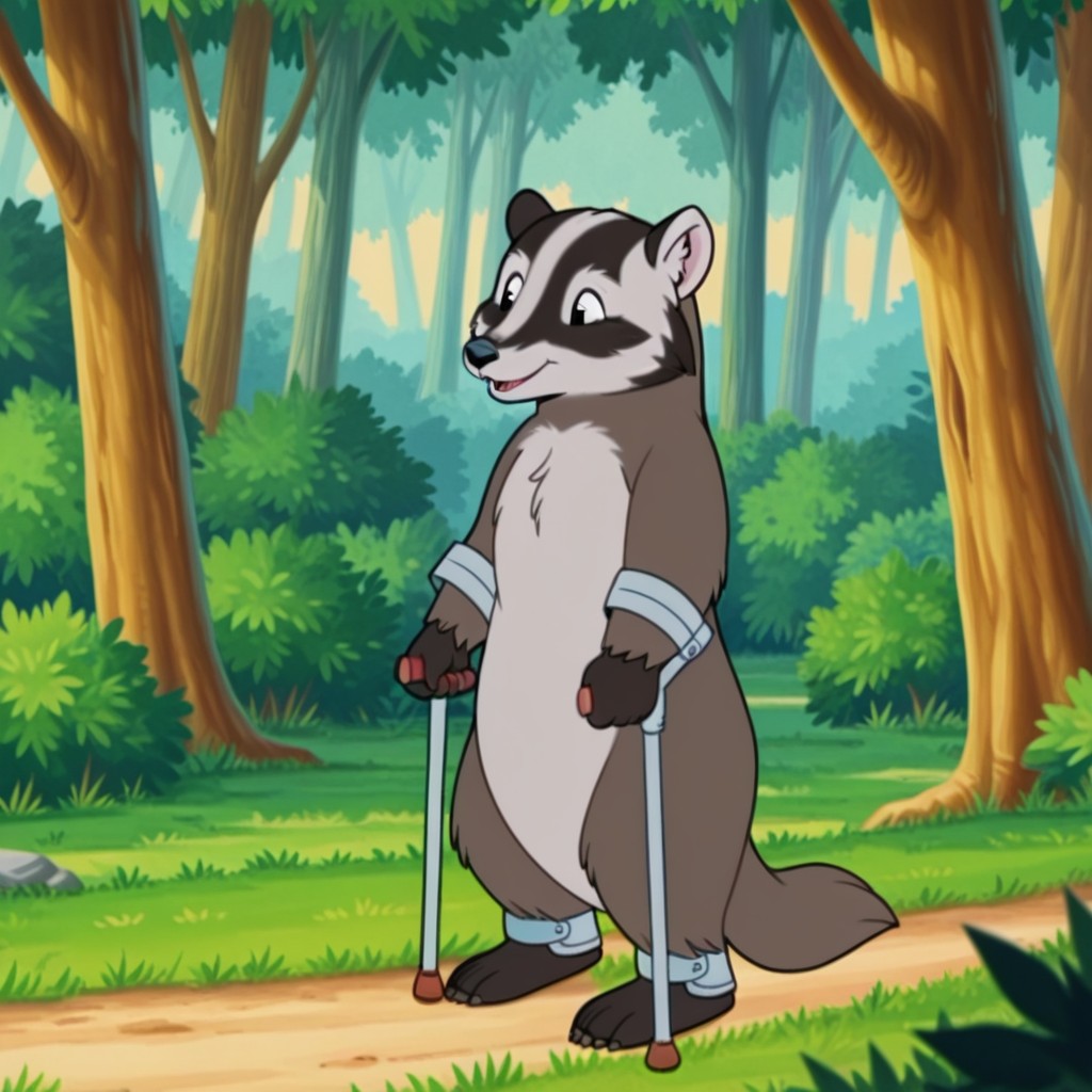 masterpiece, best quality, amazing quality, badgerfrnklnil, semi-anthro, female badger, black eyes, grey fur, holding crutches, ankle braces, standing, in forest, <lora:0190834f-5f44-4996-b297-687a850c65c6:1.0>