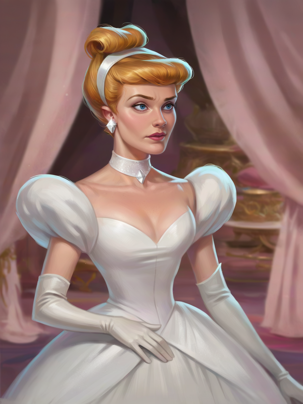 <lora:Sinderella:0.4> si_la, 1girl, fair skin, pink lips, blue eyes, golden blonde hair, bangs, French twist hair with band over, sleeveless white dress with low-cut neckline, armpit length opera gloves, white diamond earrings, choker around neck, <lora:Concept Art Brush Style LoRA_Pony XL v6:0.9> realistic, concept art, digital art, score_9, score_8_up, score_7_up,