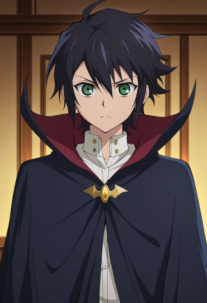 masterpiece, best quality, , anime screencap, anime coloring, official style, looking at viewer, 1boy, solo, male focus, <lora:yuuichirou_hyakuya_ilxl:0.98>, yuuichirou_hyakuya, black hair, green eyes, short hair, hair between eyes, ahoge, , , vampire costume