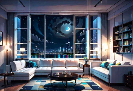 ((front view)), Shallow scene, ((animation style)), modern-style interior, with white walls, (large windows), a  study, Sofa, coffee table, bookcase, single wall, (gloomy room), Turn off ceiling lighting, Turn off the indoor lights , quiet and mysterious night sky, starry sky, moonlight, city night view, (City high-rise building scenery), (City scenery outside the window)