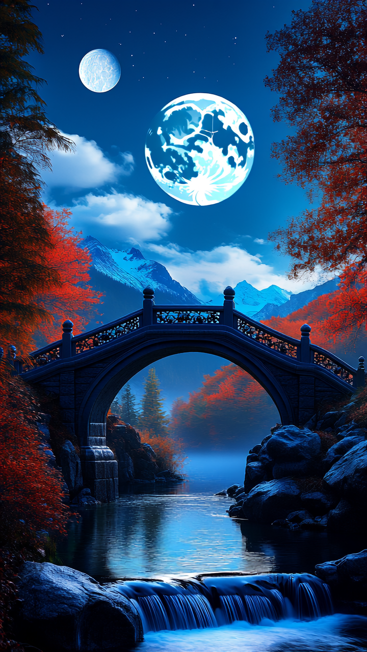 The image depicts a serene and picturesque landscape under a night sky illuminated by two moons. The larger moon is prominently positioned in the center of the sky, casting a soft glow over the scene, while a smaller moon is visible to the left. The sky is a deep blue, dotted with fluffy white clouds that add to the ethereal atmosphere. In the foreground, there is a beautifully crafted stone bridge with ornate railings, chain links and decorative elements. The bridge arches gracefully over a calm river, that cascades down some rocks, which reflects the moonlight and the surrounding scenery. The river is flanked by large rocks and boulders, adding a natural and rugged element to the landscape. On either side of the bridge, there are trees with vibrant autumn foliage. The leaves are a mix of deep reds and oranges, contrasting with the evergreen trees that have retained their green color. The trees frame the scene, creating a sense of depth and enclosure. In the background, there are distant mountains covered in snow that are partially obscured by the mist, adding a sense of mystery and grandeur to the landscape. The overall mood of the image is tranquil and dreamlike, evoking a sense of wonder and peace. 