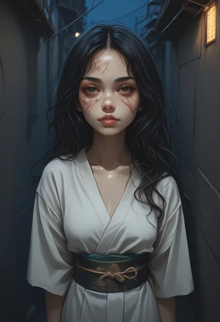 score_9, score_8_up, score_7_up, score_6_up, 1girl, solo, medium breasts, long hair, attractive, symmetrical face, soft structured facial features, (bruises and scratches:0.8), night, alleyway, dark, (egyptian:0.6), (brazilian:0.6), from above,  kimono