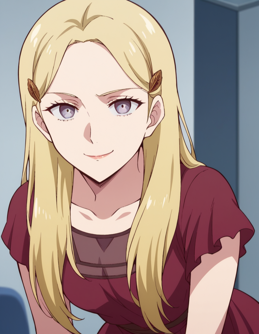 score_9, score_8_up, score_7_up, source_anime, <lora:polina-livinskaya-s1-ponyxl-lora-nochekaiser:1>, polina livinskaya, long hair, blonde hair, hair ornament, hairclip, grey eyes, forehead,, dress, collarbone, short sleeves, red dress,, indoors, bent over, smile, smug, looking at viewer, solo,, smile, looking at viewer, solo,, cowboy shot, dutch angle