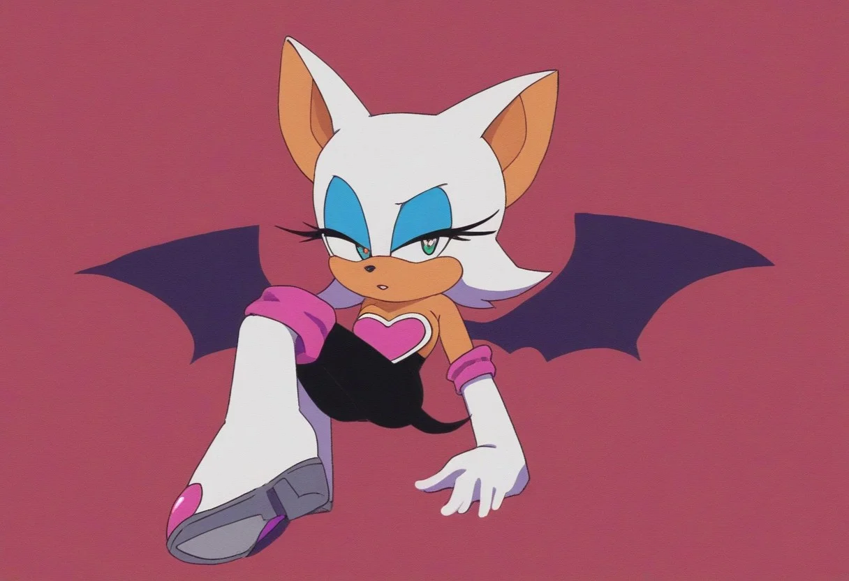 look to viewer, heart floating, heart-shaped pupils, aroused, heart eyes, Valentine's day themed, red background, rouge, animal ears, bat ears, bat girl, bat tail, bat wings, eyeliner, furry, furry female, green eyes, makeup, tail, white hair, wings, eyeshadow,, bare shoulders, boots, elbow gloves, gloves, heart, knee boots, white footwear, white gloves