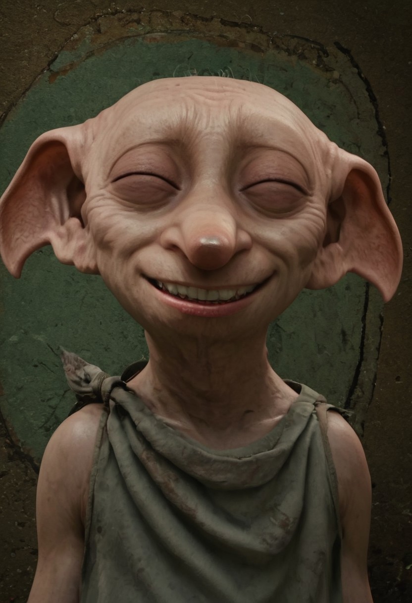 dobby_free, 1male, short, bald, large green eyes, long nose, long pointed ears, pale skin, sleeveless light grey rags clothes, brown shoes, score_8_up, score_7_up, BREAK, solo, looking at viewer, scared, head tilt, large smile, eyes closed, teeth, male focus, looking at viewer, detailed background, 4k, masterpiece, best quality, highly detailed, realistic, 3d, portrait, portrait