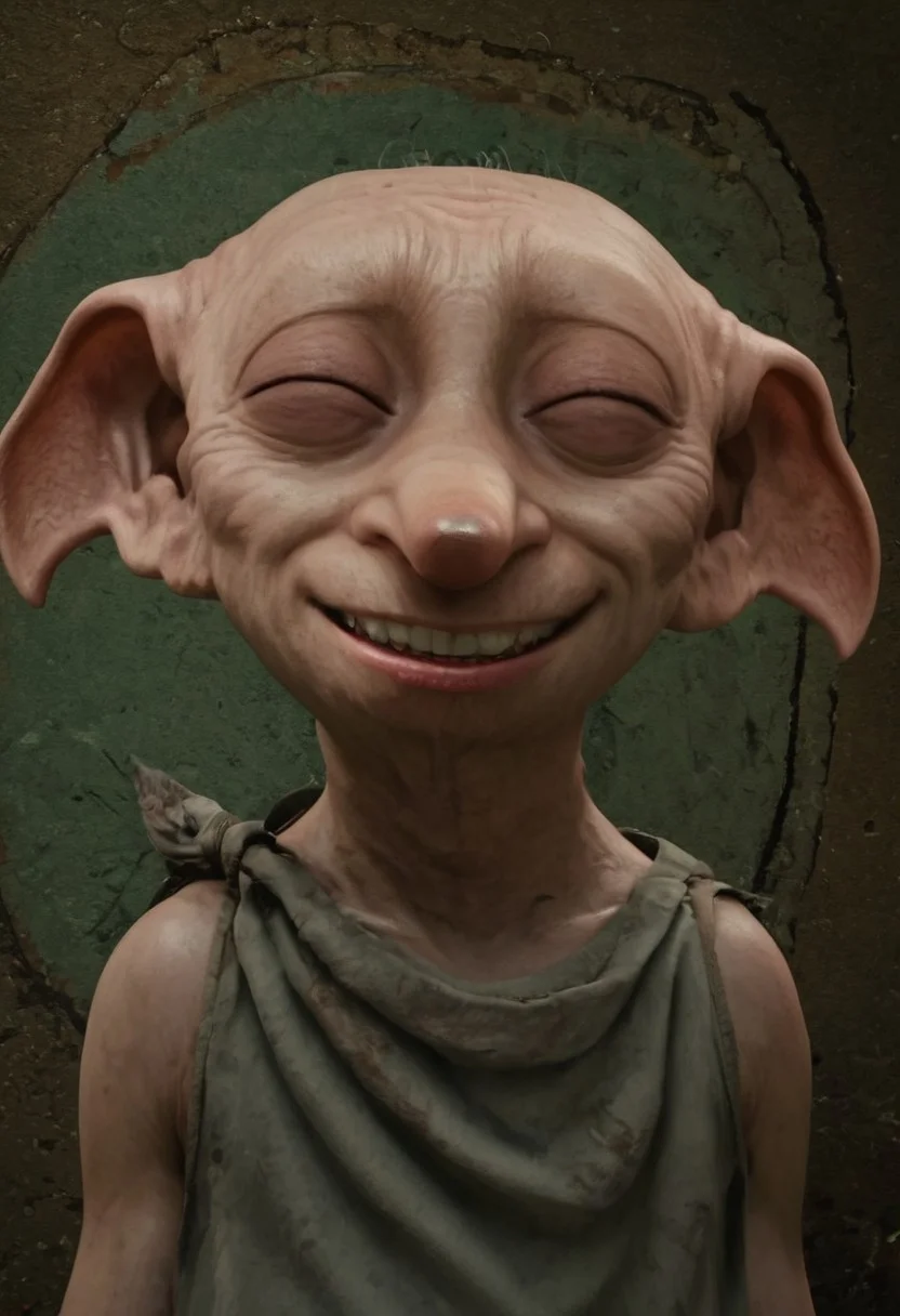 dobby_free, 1male, short, bald, large green eyes, long nose, long pointed ears, pale skin, sleeveless light grey rags clothes, brown shoes, score_8_up, score_7_up, BREAK, solo, looking at viewer, scared, head tilt, large smile, eyes closed, teeth, male focus, looking at viewer, detailed background, 4k, masterpiece, best quality, highly detailed, realistic, 3d, portrait, portrait