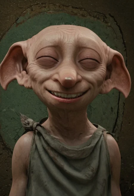 dobby_free, 1male, short, bald, large green eyes, long nose, long pointed ears, pale skin, sleeveless light grey rags clothes, brown shoes, score_8_up, score_7_up, BREAK, solo, looking at viewer, scared, head tilt, large smile, eyes closed, teeth, male focus, looking at viewer, detailed background, 4k, masterpiece, best quality, highly detailed, realistic, 3d, portrait, portrait
