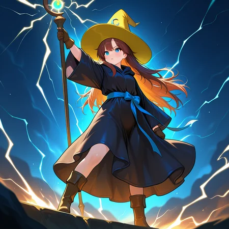 casting spell, lightning, wind-blown cloak, dramatic pose,arm up,magic ,1girl, <lora:BlackMage_CostumeV2_Illustrious:1.0>,Blackmage_cos,black robe,witch hat,yellow_headwear,wide ,sleeves,gloves,hat ornament,blue_sash,boots,bow,holding staff,, masterpiece, best quality, amazing quality, newest