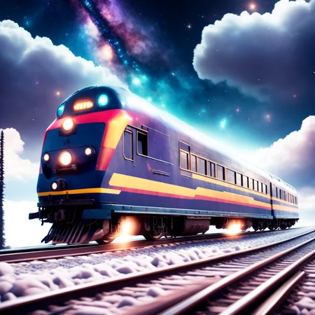 (CosmicTrain style:1) train traveling down train tracks <lora:djzCosmicTrainV21:0.8>