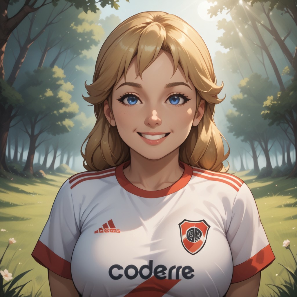 score_9, score_8, BREAK, solo, mii, wii, wii sports, 1girl, female mii, cute, plump, fat, chubby, blonde hair, blue eyes, RiverPlate, striped shirt, striped, shirt, white shirt, short sleeves, clothes writing, sportswear, soccer uniform, Megan_(Wii_Sports), big breasts, (((adult female, mature female))), sexy pose, self portrait, smile, outdoors, sunlight, shadows, evening lighting, natural lighting, forest, trees, grass, orange sky, sunset