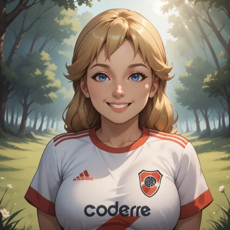 score_9, score_8, BREAK, solo, mii, wii, wii sports, 1girl, female mii, cute, plump, fat, chubby, blonde hair, blue eyes, RiverPlate, striped shirt, striped, shirt, white shirt, short sleeves, clothes writing, sportswear, soccer uniform, Megan_(Wii_Sports), big breasts, (((adult female, mature female))), sexy pose, self portrait, smile, outdoors, sunlight, shadows, evening lighting, natural lighting, forest, trees, grass, orange sky, sunset