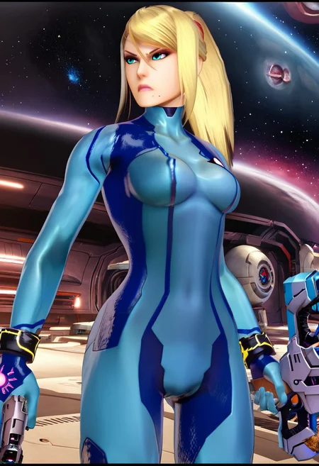 score_9, score_8_up, score_7_up, 3d, highres, best quality, high quality, BREAK, 1girl, samus aran, blonde hair, ponytail, blue bodysuit, zero suit, skin tight, mole, mole under mouth, letterboxed, angry, serious, looking away, gun, weapon, holding gun, spaceship, space station, space