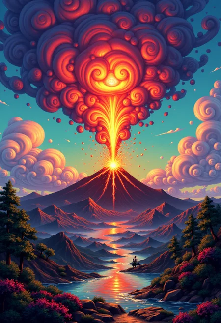<lora:KFT_Curse_of_Dragons_Crown_Style_FLUX:1>
The image is a vibrant, digitally created kftfantasy illustration featuring a volcano erupting
