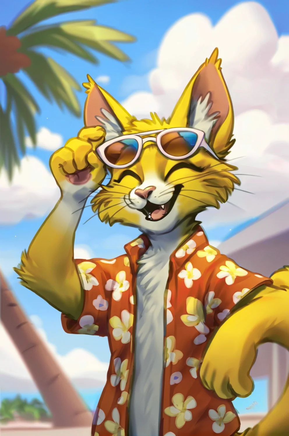 source_furry , yellow cat, wearing sunshades, happy, whiskers, smiling, sunny, clouds, blue sky, palm tree, wearing a Hawaiian shirt, <lora:Test 1 epoch5:0.7> , solo,