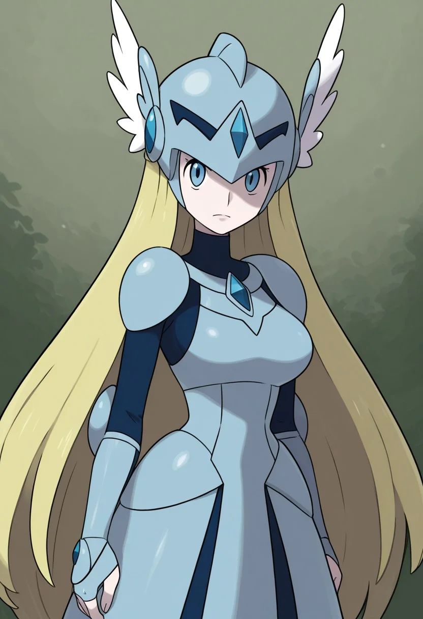 sugimorixd,
1girl, solo, breasts, armor, blonde hair, blue eyes, closed mouth, dress, helmet, long hair, looking at viewer, very long hair, winged helmet