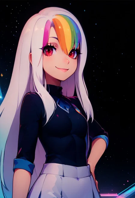 score_9, score_8_up, score_8, medium breasts, (curvy), cute, eyelashes, rating_safe,
(rainbow colors, color spectrum, style-paintmagic),
BREAK,
Roxy_Citron_OC, 1girl, solo, red eyes, white hair, rainbow hair, long hair, streaked hair, hair between eyes,
looking at viewer, smile, (hand on hip, hip to the side:1),
BREAK,
zzirisviel, white hair, red eyes,
long hair, rainbow shirt, white skirt,
BREAK,
dynamic angle, stars, floating, colorful, pink,
zPDXL,