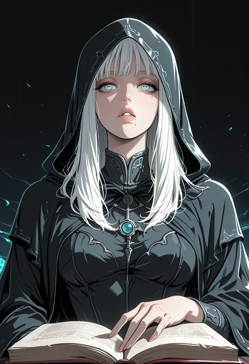 masterpiece,best quality,amazing quality,very aesthetic,absurdres, newest, anime coloring, 1girl, upper body, white hair, long hair, bangs, looking at viewer, light blue eyes, parted lips, mole under mouth, black cloak, open book, holding book, dark background, hood up, looking to the side, looking at viewer, <lora:dark_art_style_illustriousXL:0.7> dark_art_style, k4l1s4m111