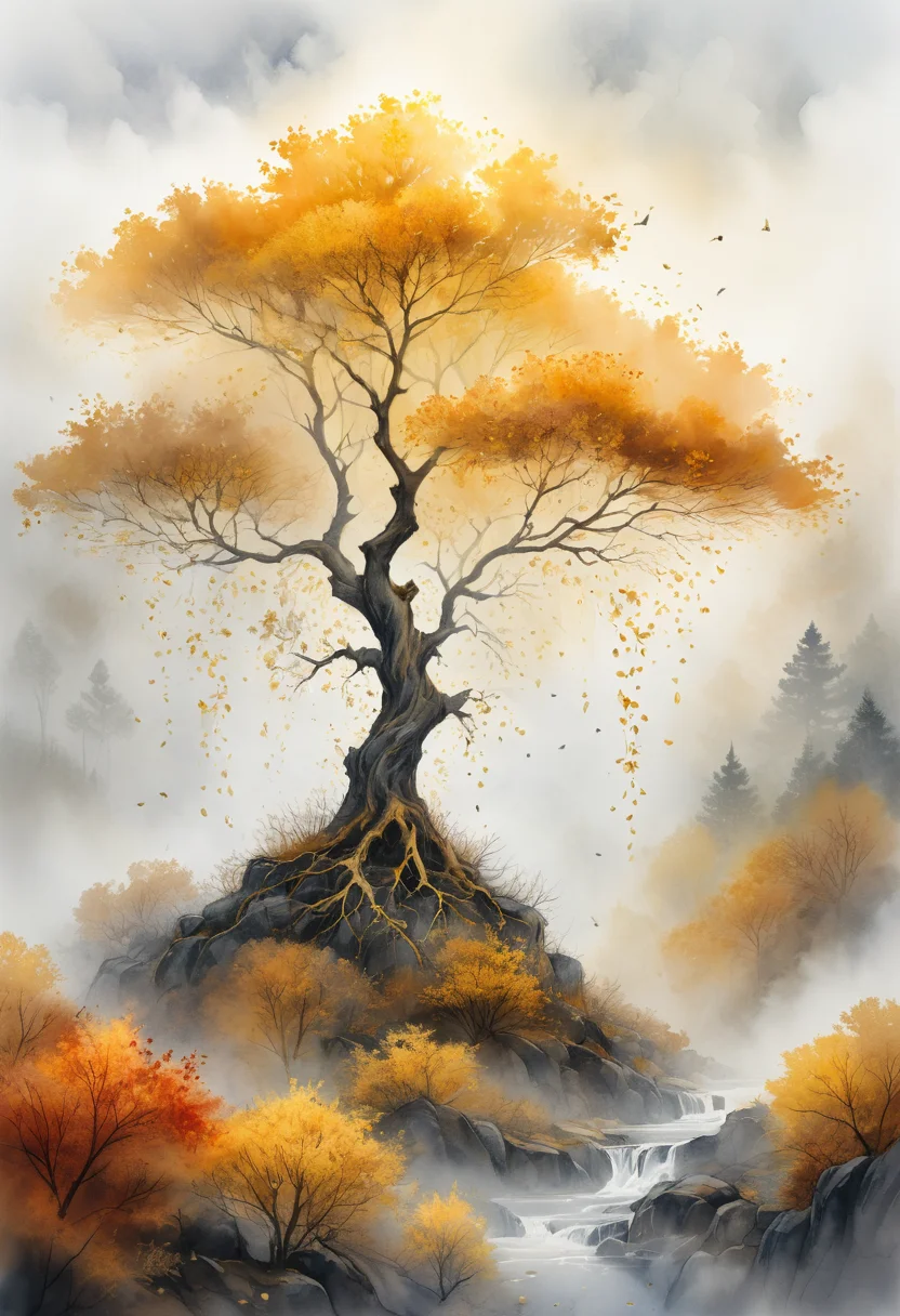 a cluster of saplings reaching toward the open sky, a tree shedding its leaves in a cascade of gold, <lora:Artfully_TREES2-000003:0.6>, professional drawing, surrounded by mist and fog, the interplay of light and shadow, painted in watercolor, autumn tones, with intricate line work masterpiece, detailed, best quality, absurd resolution uhd, 8k,