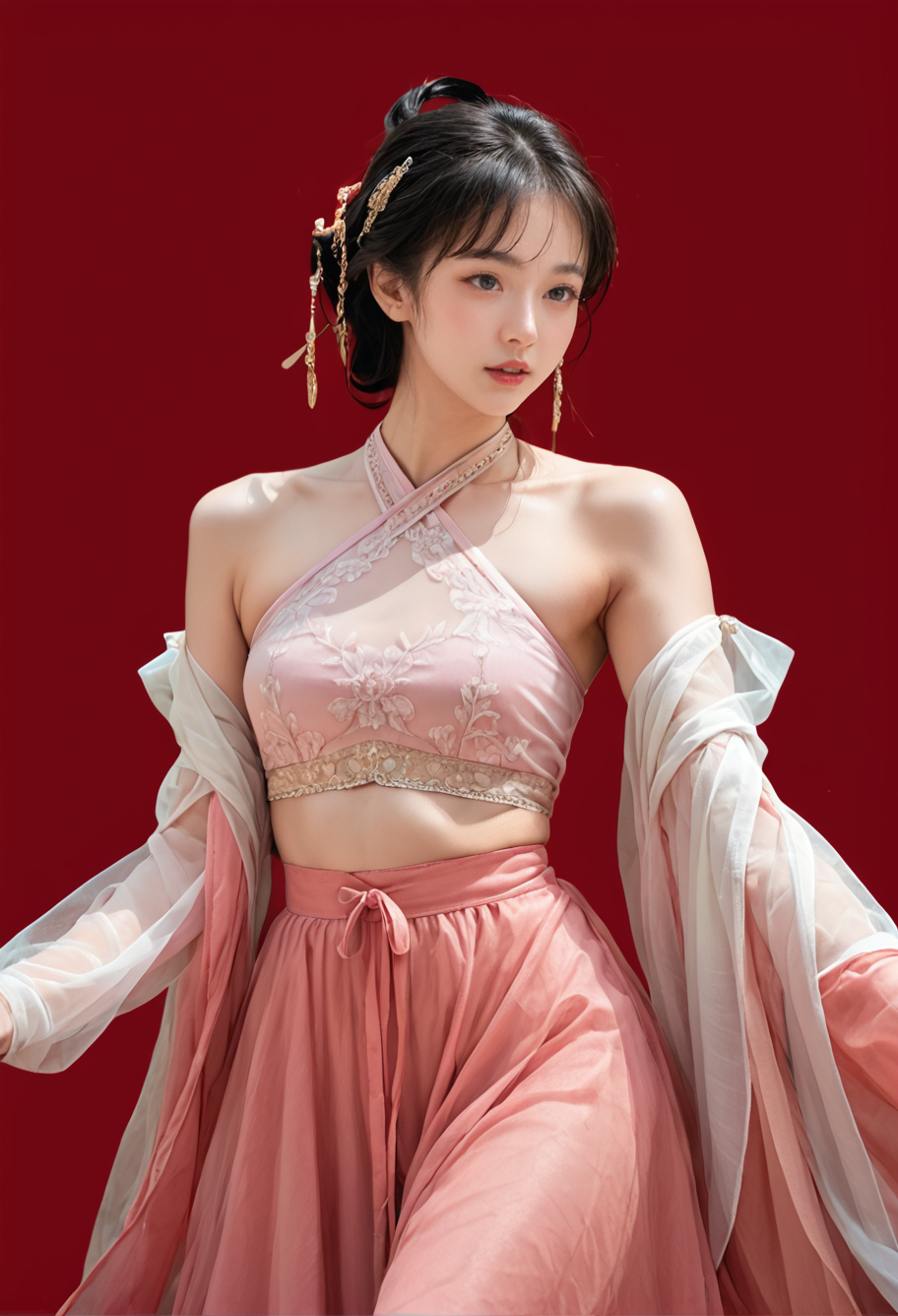 red background,1girl,solo,,ruanyi0755,halterneck,pink dress,see-through,detached sleeves,navel,shawl,<lora:0755 Dunhuang Goddess_v1_pony:1>, score_9,score_8_up,score_7_up,,8k,1girl,solo,