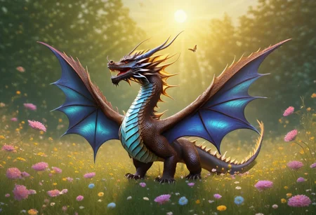 "An elegant dragon with butterfly-like wings flies over a flowery meadow. Its colorful scales glisten in the sun and its long hair blows in the wind. Its soft smile creates a magical atmosphere."