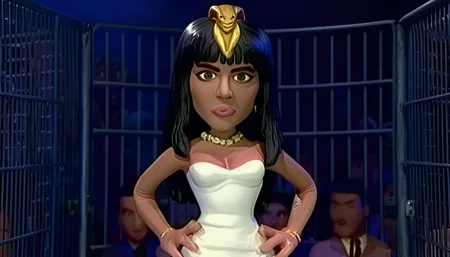 Cleopatra as a Celebrity Deathmatch character, wearing a snake tiara, white strapless dress. In a steel cage.
