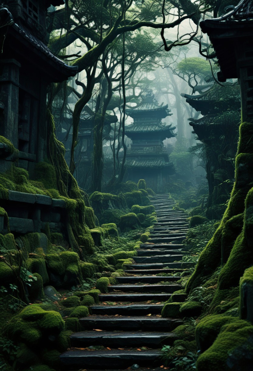 Blame by Tsutomu nihei, scenery, stairs, no humans, tree, outdoors, moss, nature, architecture, shrine, sunlight, easynegative, deepnegative_v1_75t
