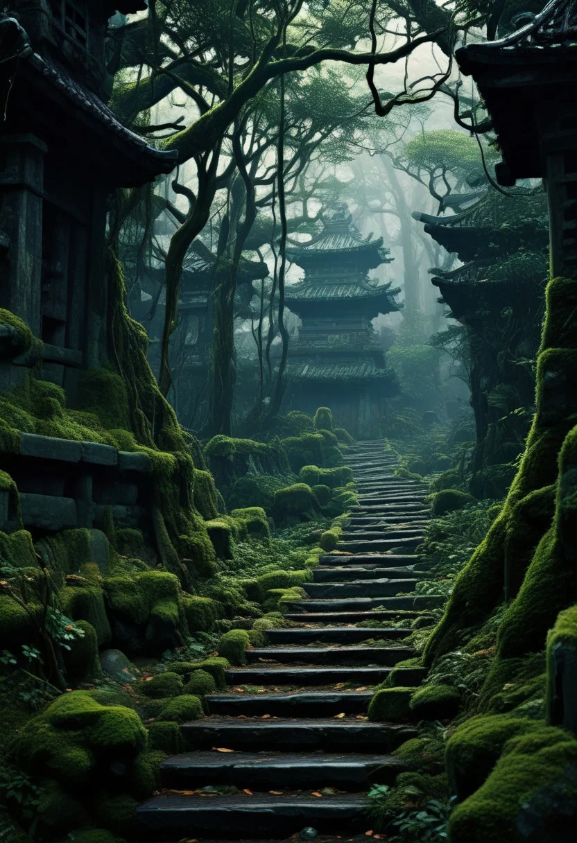 Blame by Tsutomu nihei, scenery, stairs, no humans, tree, outdoors, moss, nature, architecture, shrine, sunlight, easynegative, deepnegative_v1_75t