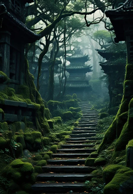 Blame by Tsutomu nihei, scenery, stairs, no humans, tree, outdoors, moss, nature, architecture, shrine, sunlight, easynegative, deepnegative_v1_75t