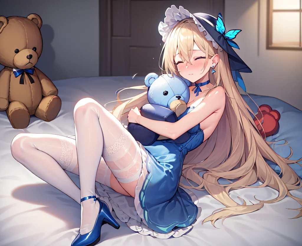 1girl,masterpiece, (8k, best quality, masterpiece:1.2),highly detailed,ultra-detailed,masterclass,best quality,illustration,hair_between_eyes,perfect lighting,Slightly transparent white stocking ,medium breasts,white lace stocking,blue butterfly hair ornament, ring, earrings,blush, nose blush,<lora:saratoga6:0.5>,blonde hair,long hair,(blue sun hat),(teddy bear),blue high-heeled shoes,blue dress,blue choker,lie,blue eyes,((close eyes)),hug teddy bear,indoors