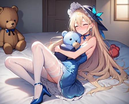 1girl,masterpiece, (8k, best quality, masterpiece:1.2),highly detailed,ultra-detailed,masterclass,best quality,illustration,hair_between_eyes,perfect lighting,Slightly transparent white stocking ,medium breasts,white lace stocking,blue butterfly hair ornament, ring, earrings,blush, nose blush,<lora:saratoga6:0.5>,blonde hair,long hair,(blue sun hat),(teddy bear),blue high-heeled shoes,blue dress,blue choker,lie,blue eyes,((close eyes)),hug teddy bear,indoors