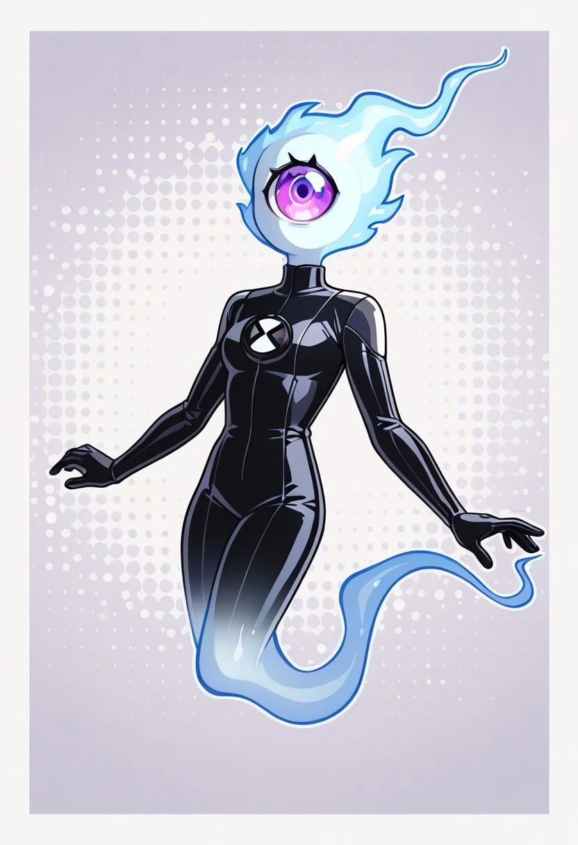 masterpiece, best quality, amazing quality, very aesthetic, absurdres, newest, cinematic, movie scene, foreground blur,
omni, black white bodysuit, badge, , pokemon (creature), simple background, solo, white background, fan art,,
ghost, ghost tail, purple eye, single eye, no mouth
upper body, halftone effect, white borders, abstract background:1.2,