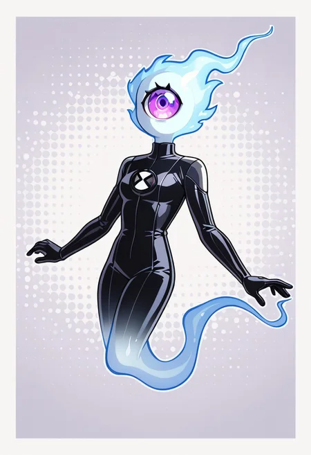 masterpiece, best quality, amazing quality, very aesthetic, absurdres, newest, cinematic, movie scene, foreground blur,
omni, black white bodysuit, badge, , pokemon (creature), simple background, solo, white background, fan art,,
ghost, ghost tail, purple eye, single eye, no mouth 
upper body, halftone effect, white borders, abstract background:1.2,