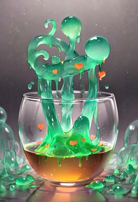 (masterpiece), (score_9, score_8_up, score_7_up,source_anime), 4K8K, very aesthetic, absurdres, best quality,
Hyperdetailed anime style image of a slime girl, slime girl in glass, Slime overflowing from a cup, Heart mark with slime tentacles,
transparent, see-through body, colorless skin, colorless sclera, amber eyes, orange slime,
(emeraldmorph), slime (creature), Translucent,
outdoors, detailed, dignified Smile, Amoeboid slime, Amoeba slime, Amoeba, Liquid slime,
(slime girl, Petite, disproportionate breasts),