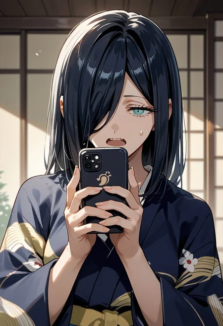 score_9,score_8_up,score_7_up,source_anime,Hana Mitani,1girl,solo,looking at viewer,open mouth,holding,upper body,japanese clothes,kimono,hair over one eye,sweatdrop,fingernails,phone,cellphone,smartphone,holding phone,talking on phone