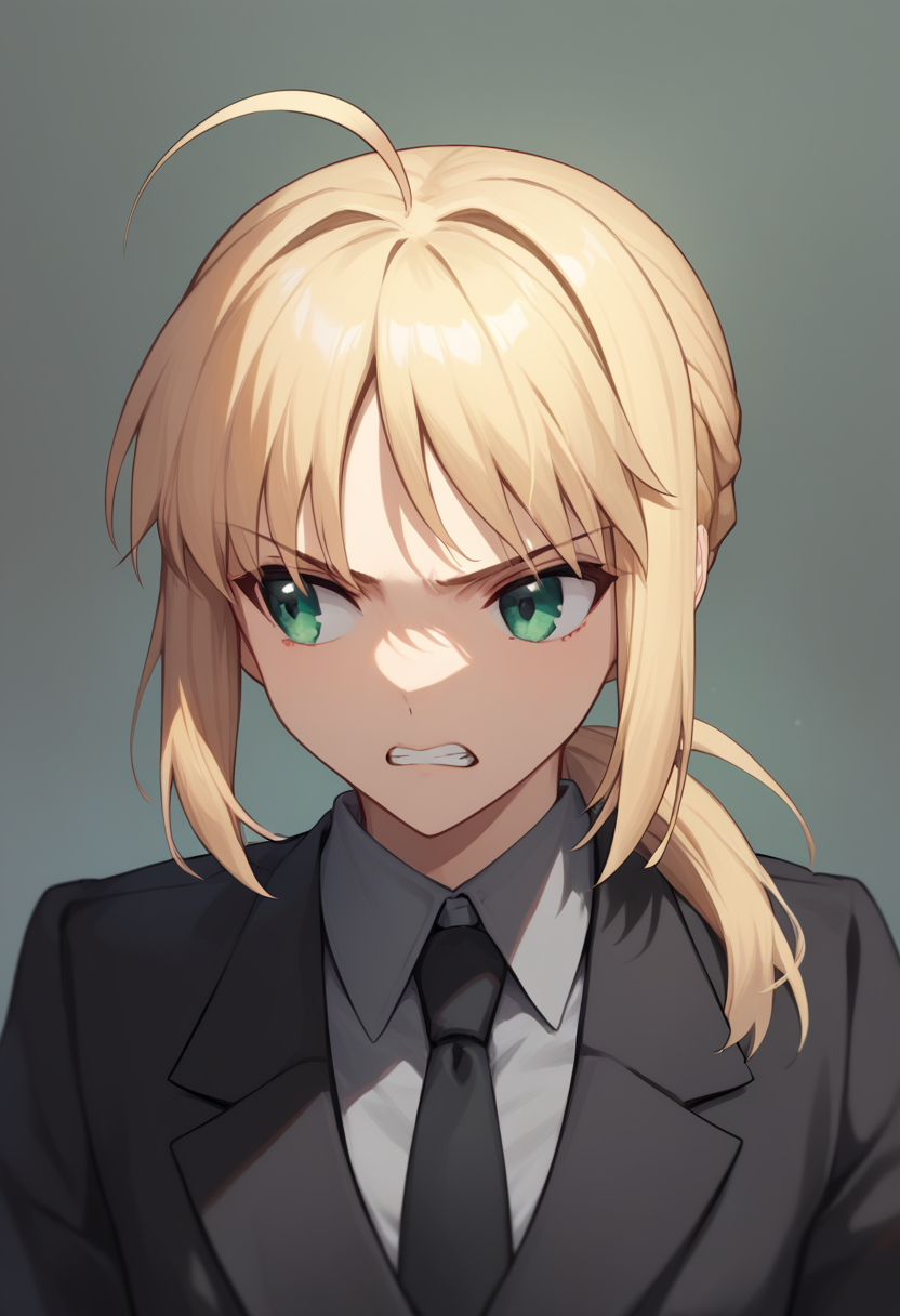 score_9,score_8_up,score_7_up,<lora:fate_zero_all:1>,1girl, character: artoria_pendragon_(fate), character: saber_(fate), solo, upper_body, leaning_forward, looking_to_the_side, clenched_teeth, teeth, green_eyes, blonde_hair, short_hair, ahoge, ponytail, black_gloves, black_jacket, collared_shirt, gloves, grey_shirt, jacket, shirt, suit, uniform, black_necktie, necktie, absurdres, highres, formal, serious