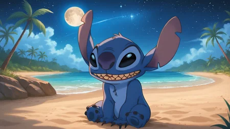 score_9, score_8_up, score_7_up, rating_explicit, source_anime, detailed skins, cowboy shot, highly detailed, stitch,black eyes,no pupils,no humans,colored skin, blue skin, furry,sharp teeth, two-armed,claws, grin, palm tree, night, night sky, stars, moon, cartoon, sitting, sand, detailed background, <lora:StS_PonyXL_Detail_Slider_v1.4_iteration_3:3>, <lora:Stitch:0.8> <lora:add-detail-xl:1> <lora:Expressive_H:1> scenery, <lora:Experiment_626_aka_Stitch_Lilo_and_Stitch_for_PonyXL:0.4> depth of field, gras, (masterpiece, best quality, high quality, highres, ultra-detailed),
