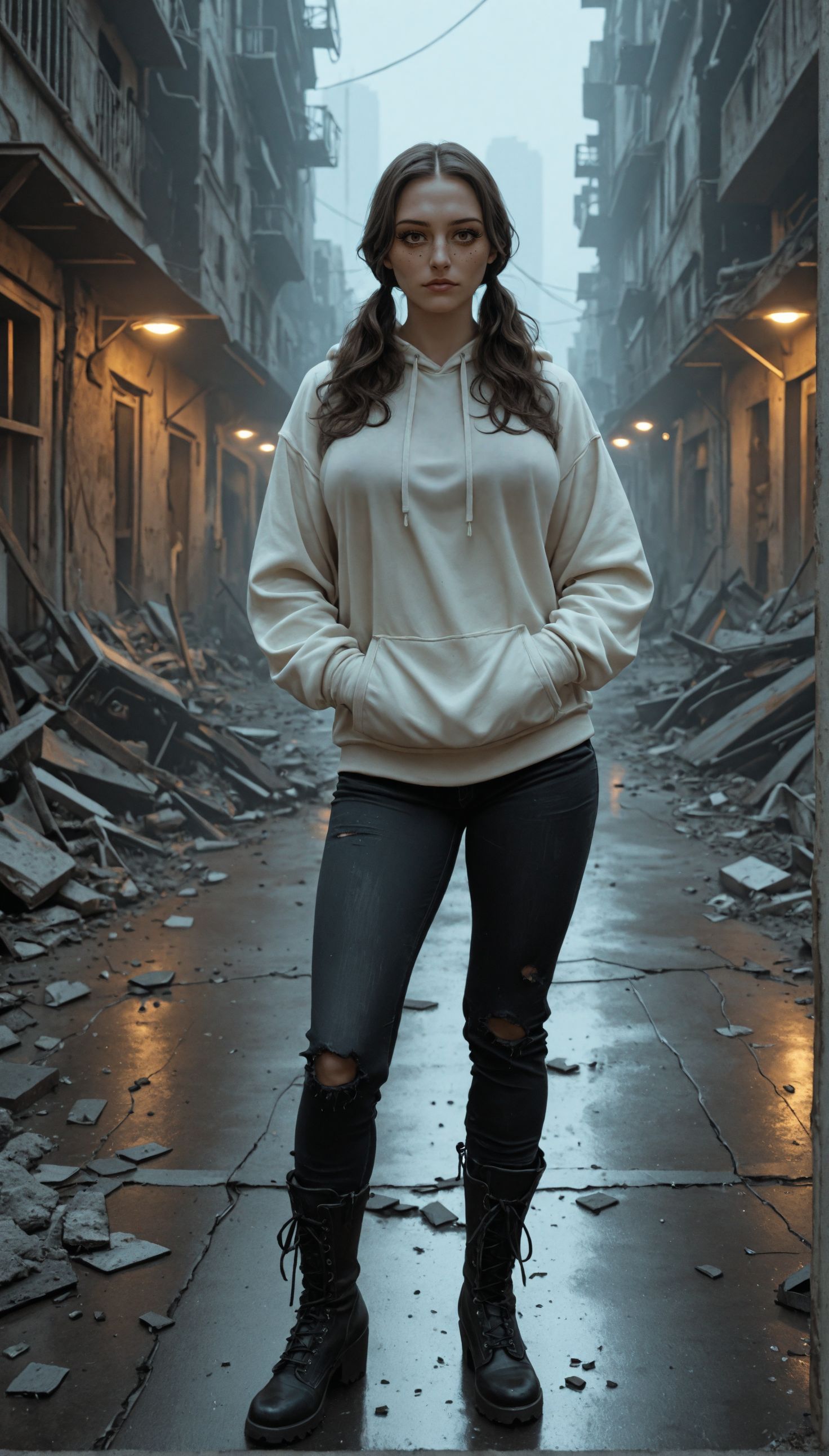 Album cover illustration, gritty cyber-noir style, young highly attractive woman with long dark wavy hair, wearing a clean oversized white hoodie with the hood down, fitted black jeans, black combat boots, standing confidently in burned dystopian urban ruins at night, minimal but strong streetlight glow, flickering distant neon, muted earthy orange-brown palette, dark silhouette city skyline, moody painterly texture, emotional intensity in her eyes, hands casually in hoodie pocket, symmetrical centered composition, cinematic lighting, dramatic shadows, vintage hip-hop aesthetic, ultra-detailed 2D digital art, strong focus on figure and atmospheric depth, 9:16 vertical aspect ratio. Olivia_Eneftees contrapposto pose, large breasts, short low twintails