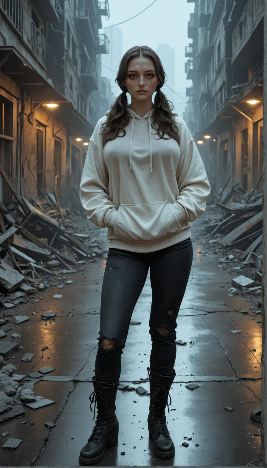 Album cover illustration, gritty cyber-noir style, young highly attractive woman with long dark wavy hair, wearing a clean oversized white hoodie with the hood down, fitted black jeans, black combat boots, standing confidently in burned dystopian urban ruins at night, minimal but strong streetlight glow, flickering distant neon, muted earthy orange-brown palette, dark silhouette city skyline, moody painterly texture, emotional intensity in her eyes, hands casually in hoodie pocket, symmetrical centered composition, cinematic lighting, dramatic shadows, vintage hip-hop aesthetic, ultra-detailed 2D digital art, strong focus on figure and atmospheric depth, 9:16 vertical aspect ratio. Olivia_Eneftees contrapposto pose, large breasts, short low twintails
