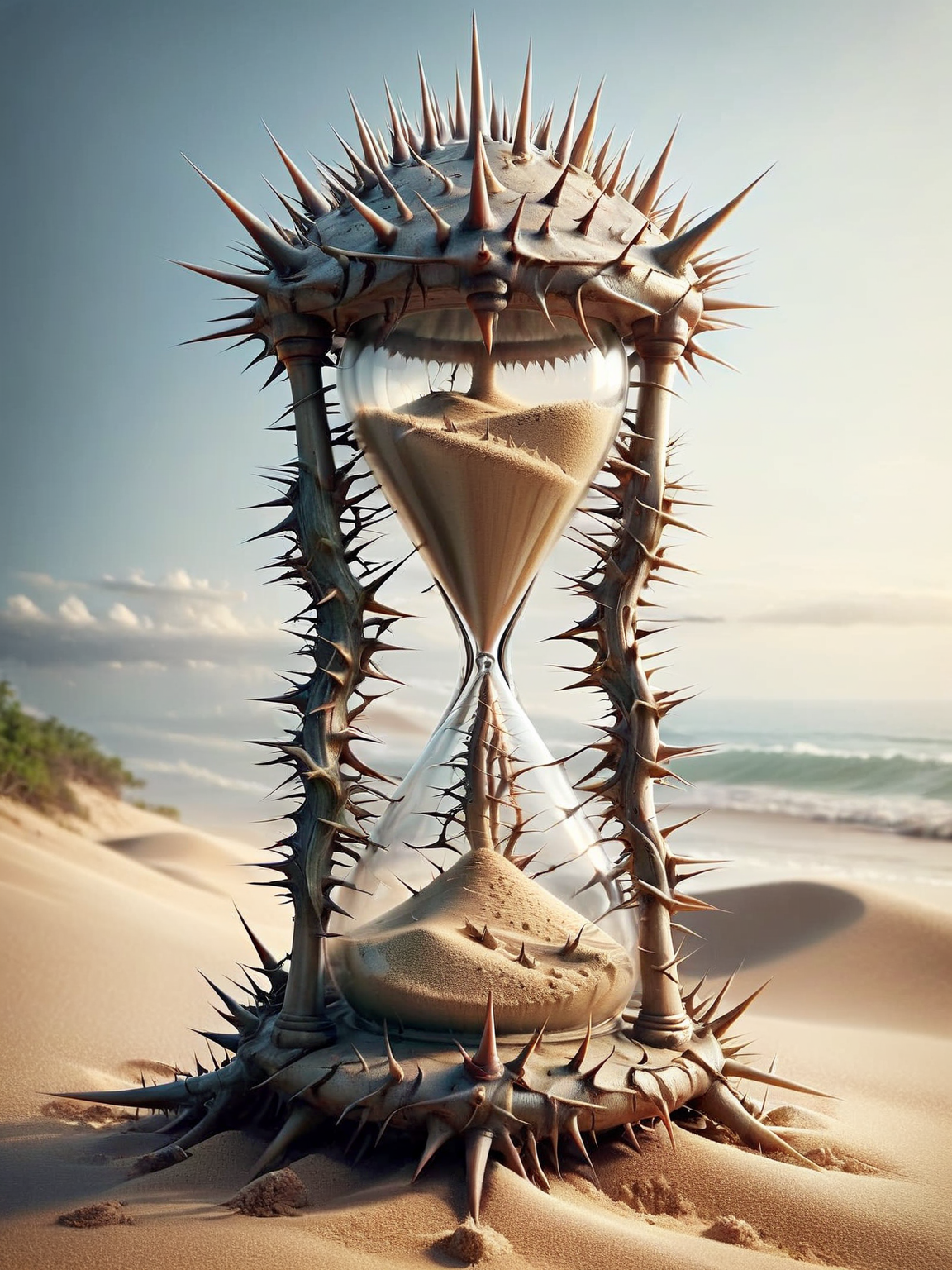 ais-thrny hourglass, thorny vines engulfing it instead of sand <lora:ais-thrny-sdxl:1>