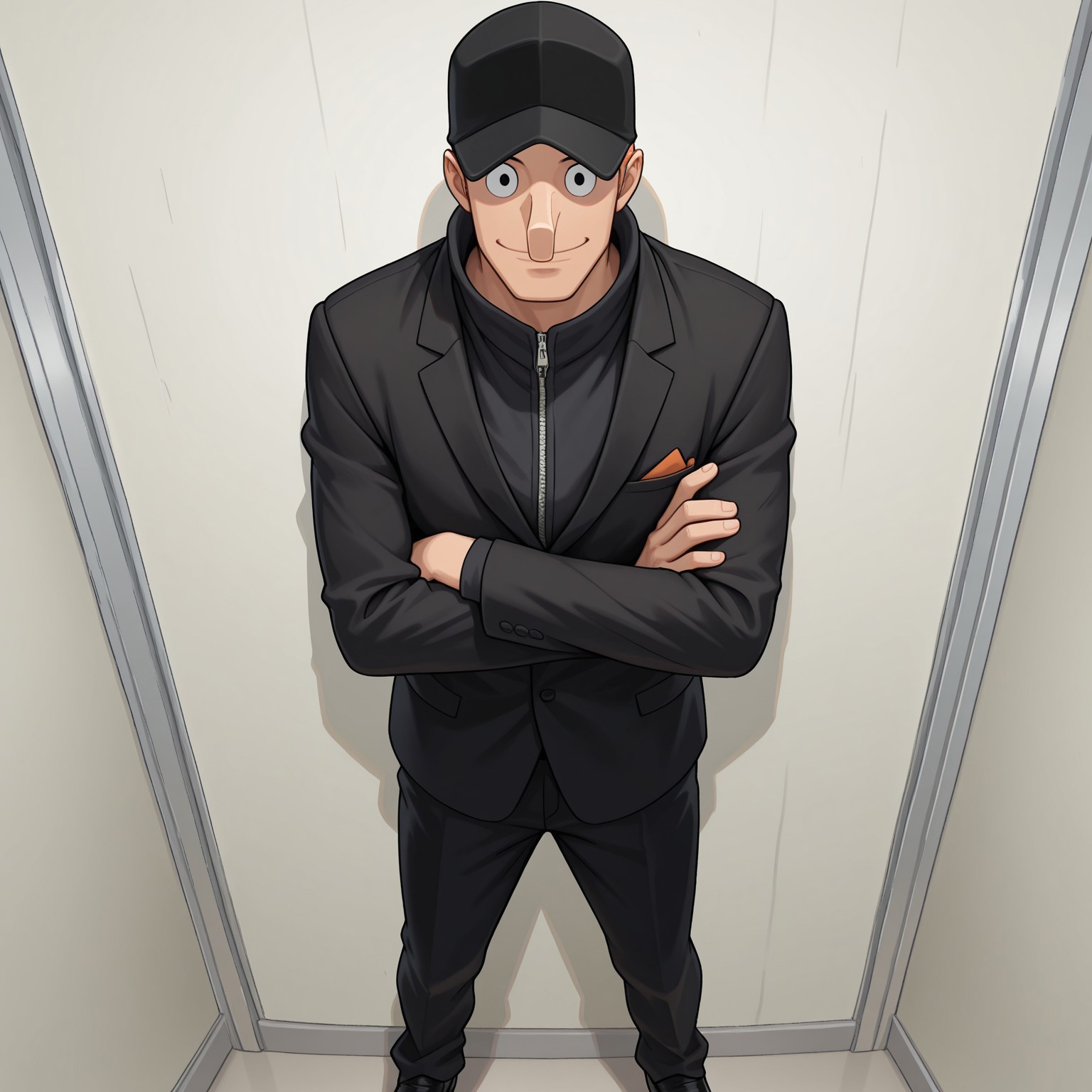 OPKaku, 2d, solo, 1boy, Human, male, orange hair, black eyes, long nose, black cap, high-collared black suit jacket, black pants, black shoes, zipper, 

BREAK standing, upper body focus, simple background, looking at viewer, smile, arms crossed, inside, indoors, leaning against wall, best quality, amazing quality, very aesthetic, absurdres, newest