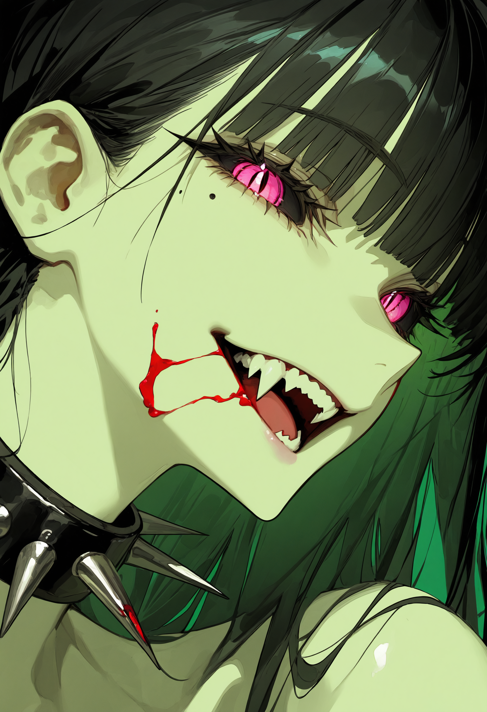 masterpiece, best quality, newest, absurdres, highres, very awa, anime screencap, film grain, limited palette, no lineart, sketch, ambient occlusion, depth of field, simple background, c2Fn, eye focus, painting \(medium\), 1girl, solo, spiked collar, spikes, blood, collar, green theme, portrait, looking at viewer, teeth, colored sclera, slit pupils, mole under eye, open mouth, pink eyes, sharp teeth, black sclera, blood on face, monochrome, black hair, long hair, pillarboxed, mole, smile, blood from mouth, green background, close-up, fangs, profile, eye focus
