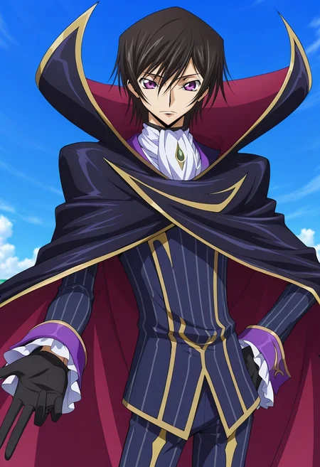 masterpiece, best quality, intricate details, anime screencap, , official style, looking at viewer, 1boy, solo, male focus, <lora:lelouch_lamperouge_ilxl:0.9>, lelouch_lamperouge, black hair, purple eyes, hair between eyes, bangs, short hair, , cape, ascot, gloves, , Scallop BlushPink Slim-fit track pants, Pinstripe shirt, , ,