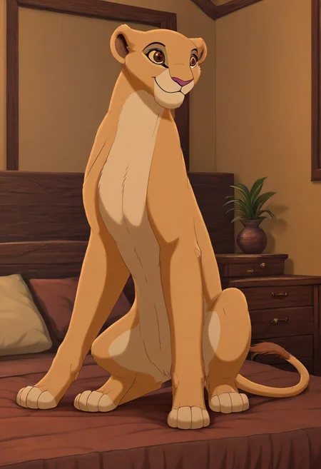 solo, fullbody,feral,  kiara, lioness, female lion, reddish brown eyes, detailed eyes,  1girl, solo, smile, bedroom,  hires, ultra detailed