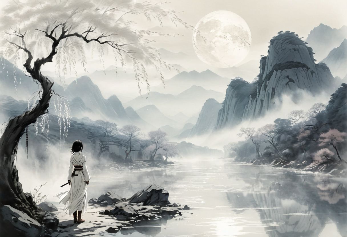 Mikasa Ackerman (Attack on Titan), Chinese ink wash style, dreamlike landscape, mist-shrouded mountains, flowing river, weeping willow tree, full moon, Mikasa gazing into the distance, flowing white dress, subtle hint of bare skin, soft light and shadows